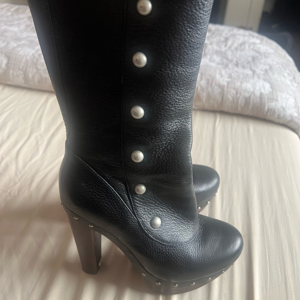 UGG Black Leather Stud-Detail Mid-Calf Heeled Boots - Picture 2 of 7